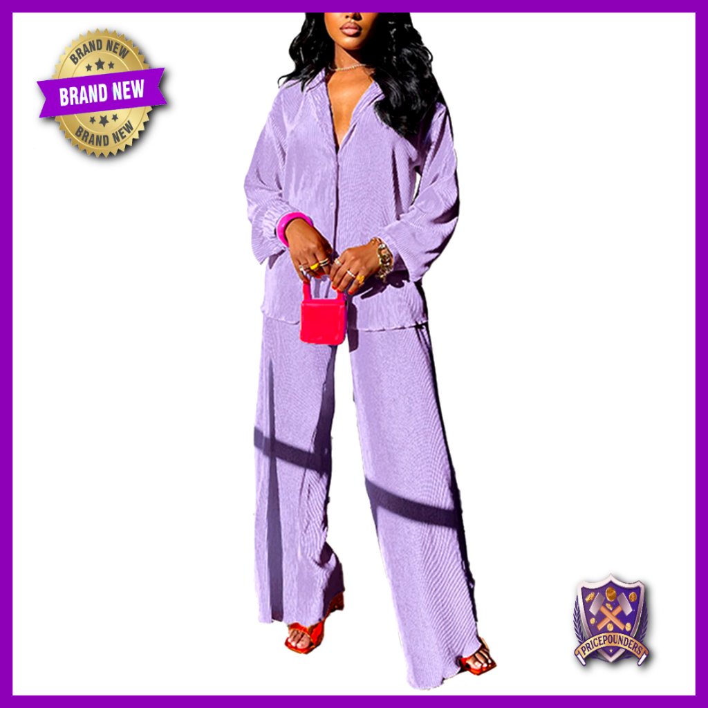 Linen Long Sleeve Button Down Shirt & Flare Pleated Wide Leg Pants Set